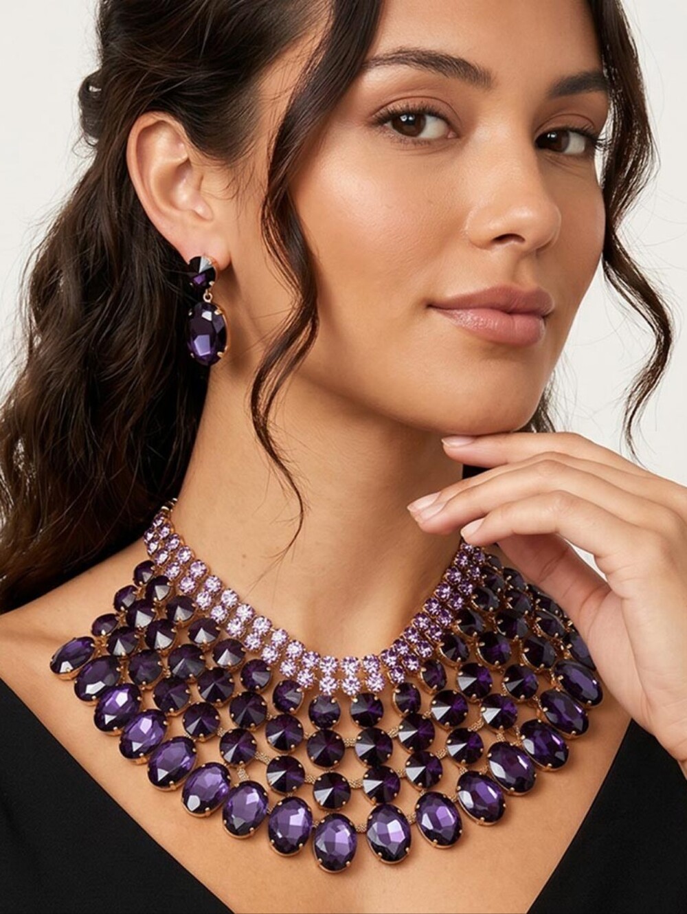 Bold Cascading Bib Necklace & Earring Set – Layered Oval Stones, Glam Statement